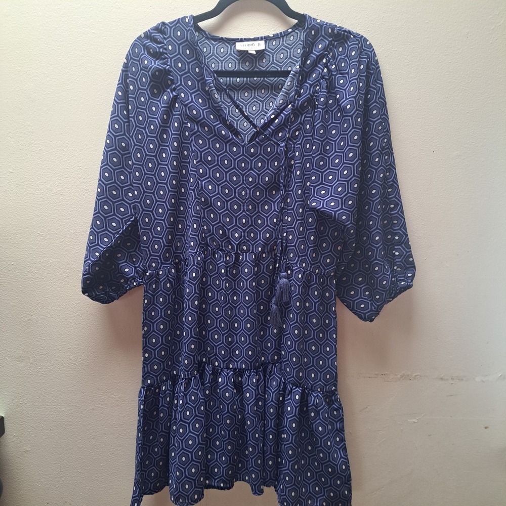 Studio B by Bobeau Blue Geometric Honeycomb Tiered Tassel Dress MD2W84 Small